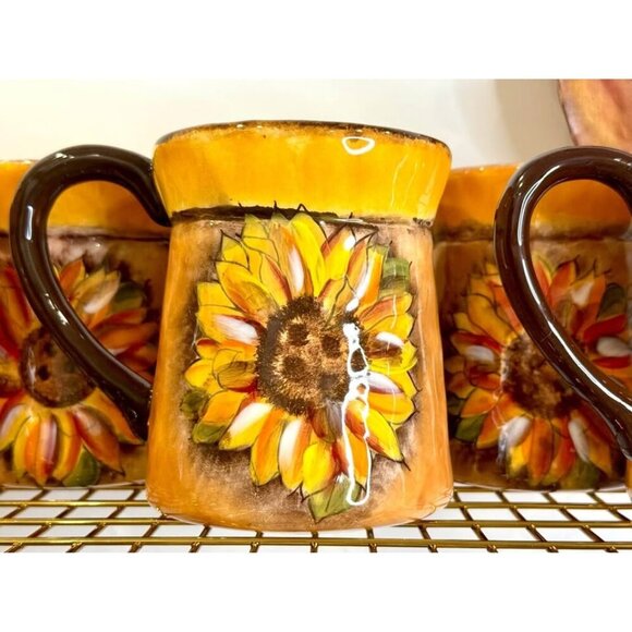 Set of 6 Vintage Clay Art Sunflower Ceramic Mugs HandPainted, Rustic Style - Picture 6 of 10